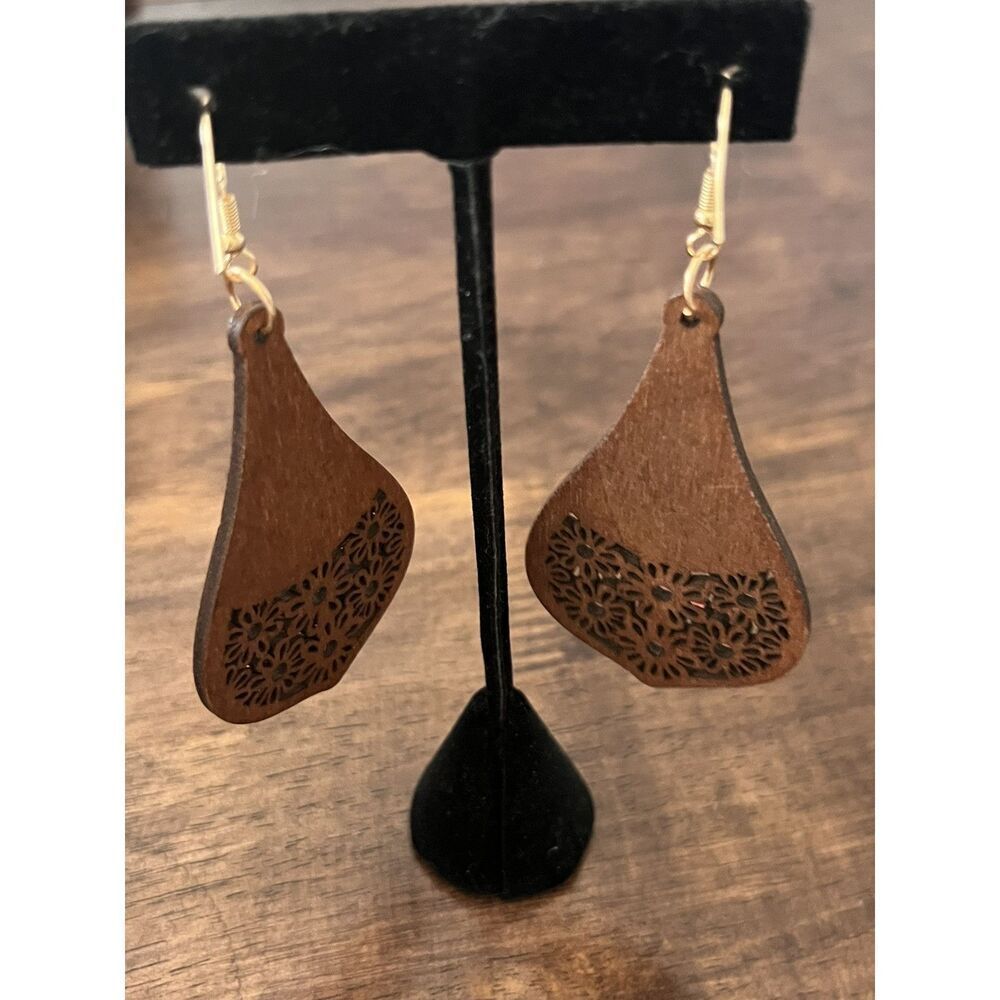 Handmade Long Wooden Dangle Earrings Gold-Tone Hardware